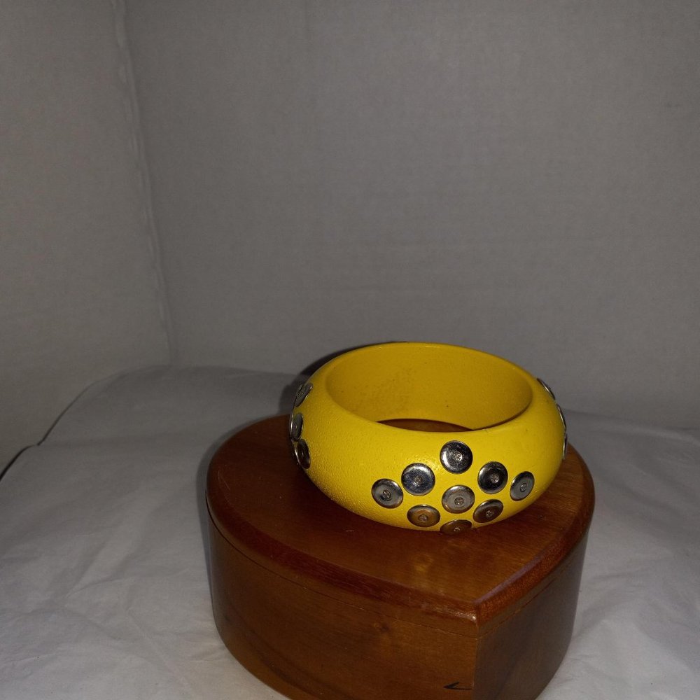 Vintage Yellow Chunky Wood Bracelet with Embillishments